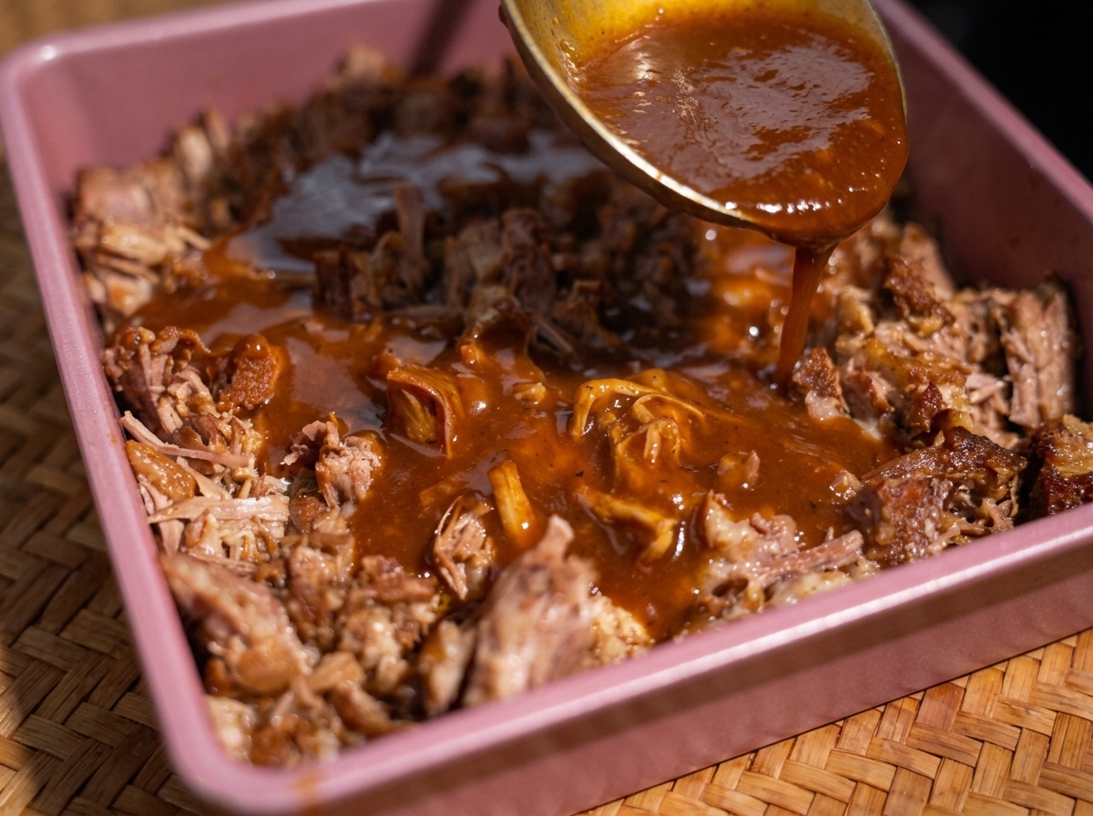 Eine Schöpfkelle gießt die dunkle, eingedickte Sauce gleichmäßig über das gezupfte Pulled Pork.