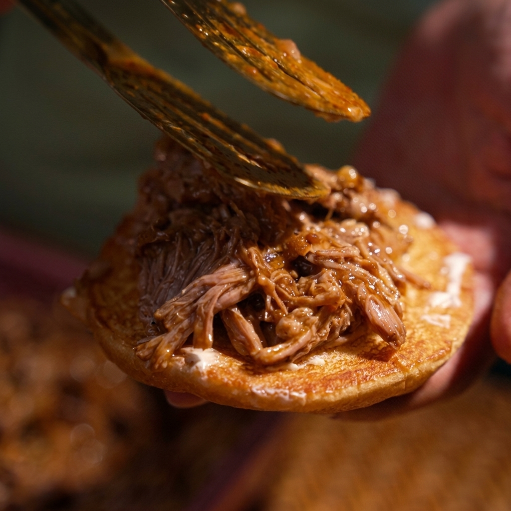 Eine Grillzange setzt eine ordentliche Portion Pulled Pork auf die untere Hälfte eines getoasteten Burger-Brötchens.