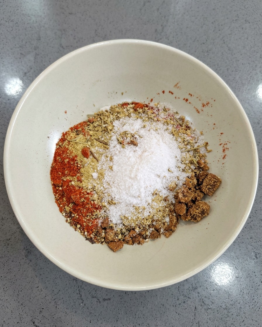 Eine weiße Schüssel mit einer bunten Mischung aus Gewürzen, Salz und braunem Zucker.