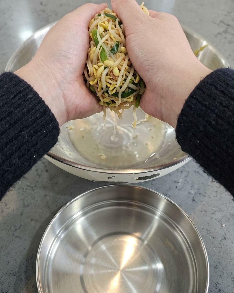 Zwei Hände drücken überschüssiges Wasser aus gewaschenem Sauerkraut über einer Metallschüssel aus.