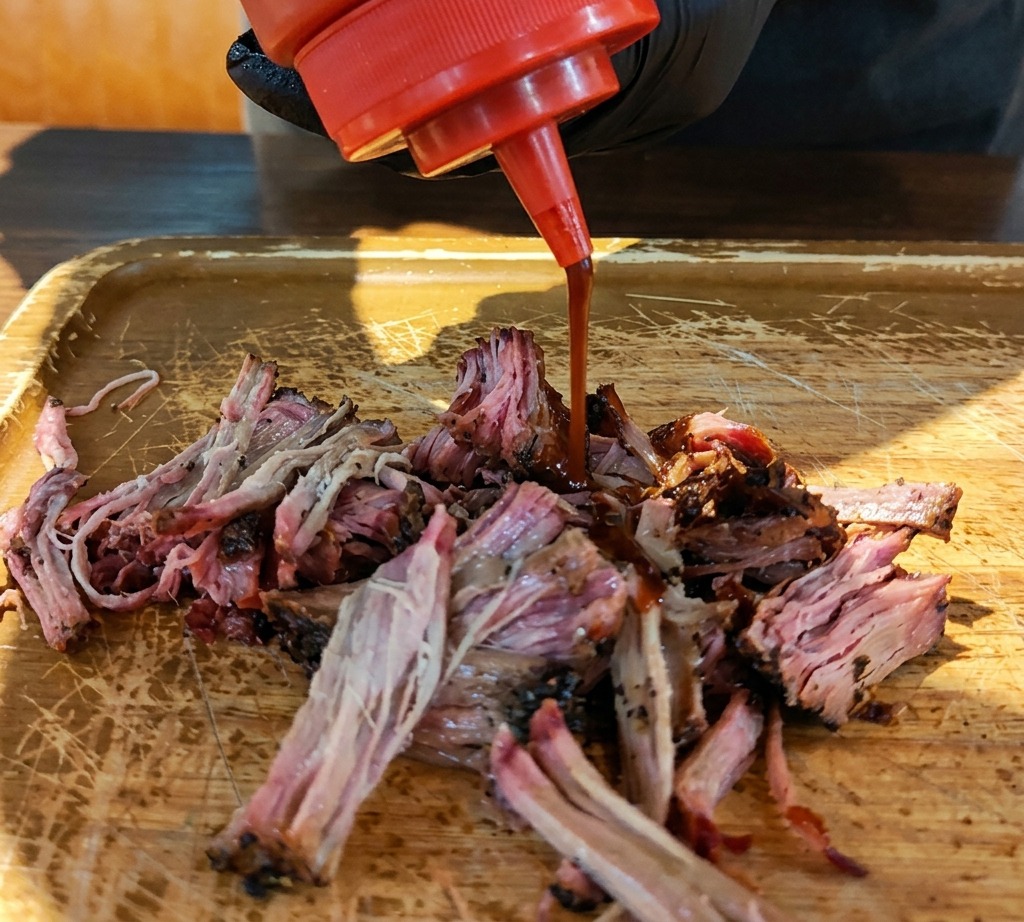 Eine rote Flasche gießt dunkle BBQ-Sauce über einen Haufen gezupftes Schweinefleisch.