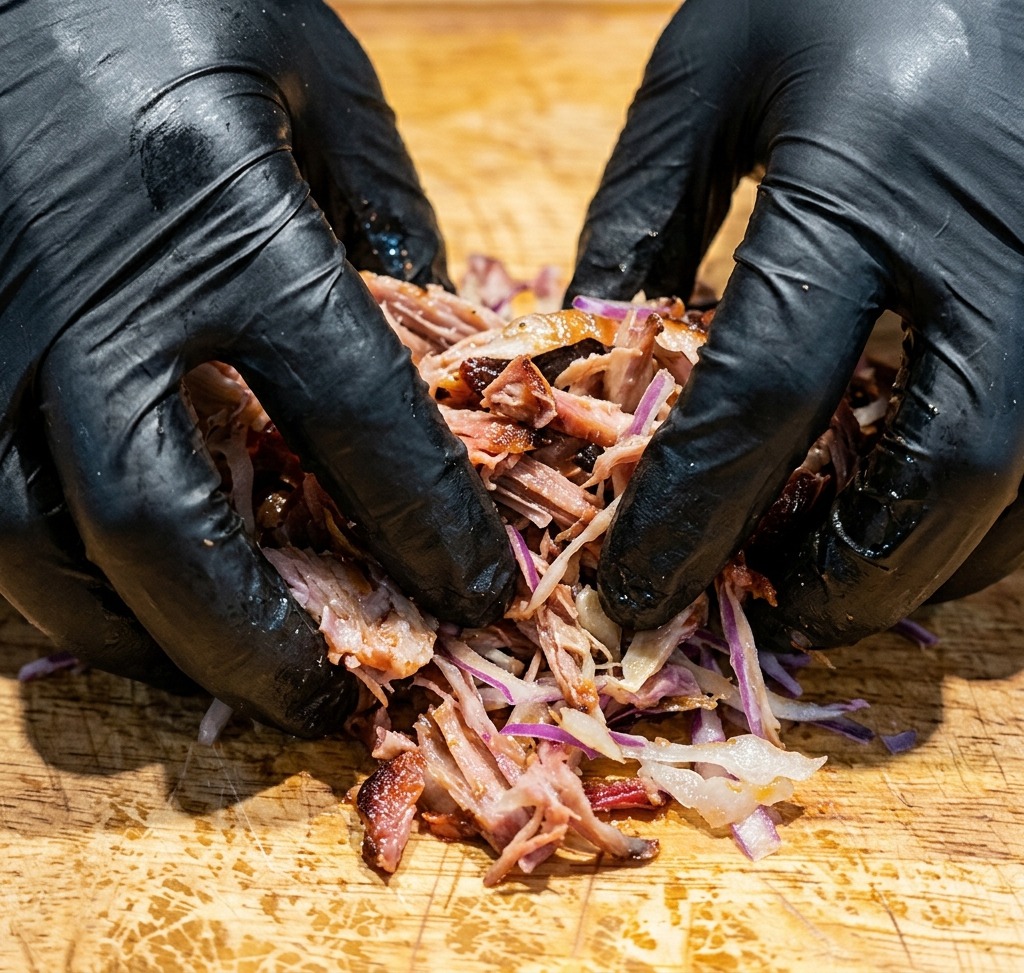 Hände vermischen Pulled Pork, Krautsalat und Saucen direkt auf dem Holzbrett.