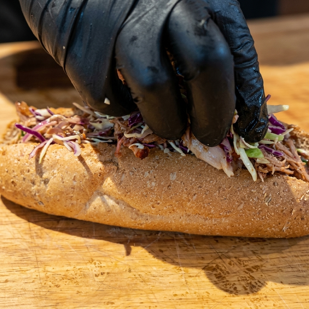 Hände füllen die Fleisch-Kohl-Mischung fest in ein aufgeschnittenes Vollkornbaguette.