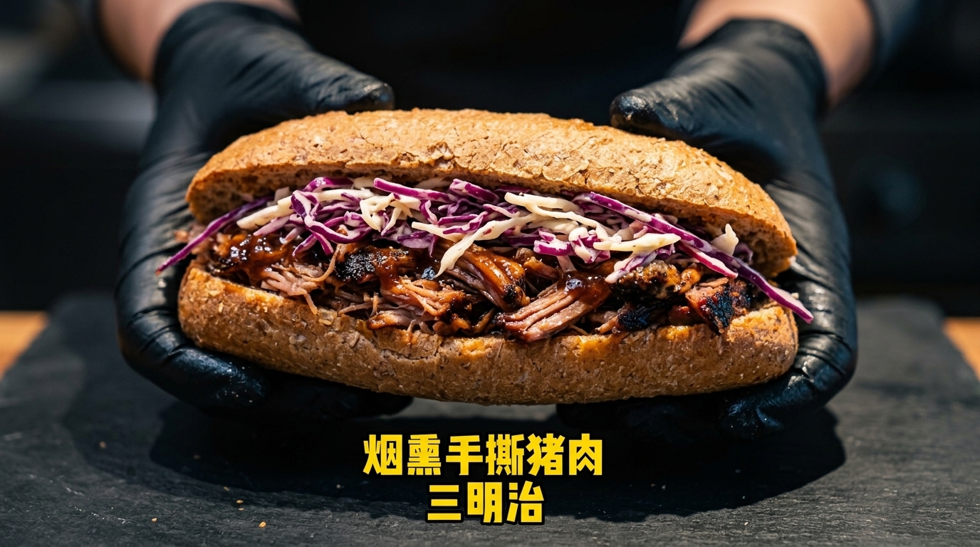 Ein ofenfrisches Vollkornbaguette, prall gefüllt mit saftigem BBQ-Pulled-Pork und knackigem, cremigem Krautsalat.