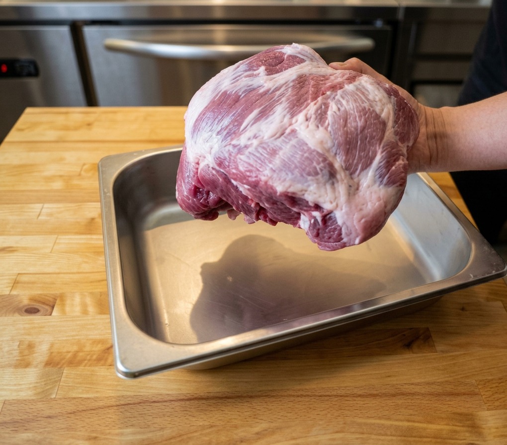 Eine Person hält eine große, ganze rohe Schweineschulter über ein Metalltablett aus Edelstahl.