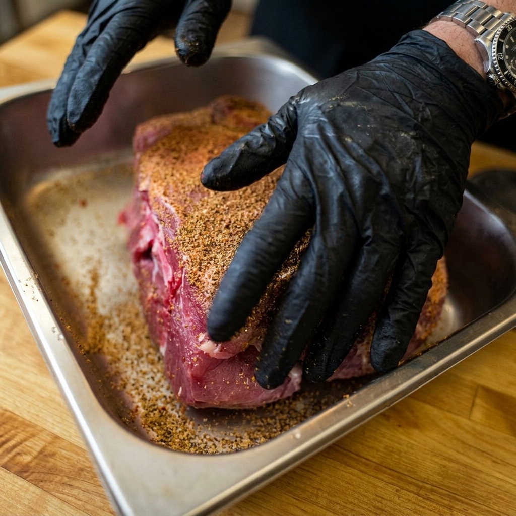 Hände in schwarzen Handschuhen drücken eine dicke Schicht BBQ-Rub fest auf eine rohe Schweineschulter.