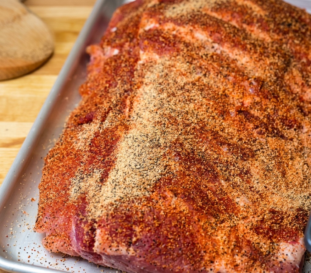 Nahaufnahme einer Seite Schweinerippchen, die vollständig mit einem rötlich-braunen Rub bedeckt ist.