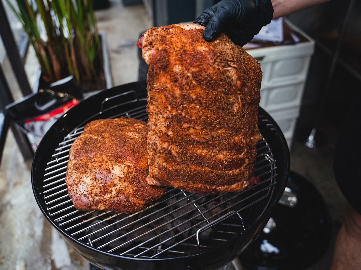Hände legen die gewürzte Schweineschulter und die Rippchen auf den Rost eines Holzkohlegrills.