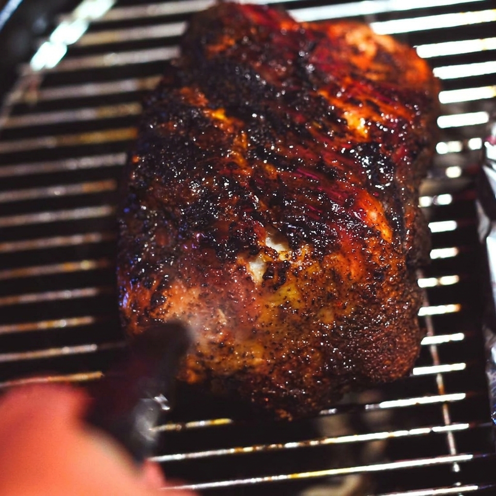 Eine dunkel verkrustete Schweineschulter auf dem Grill wird mit einer klaren Flüssigkeit aus einer Sprühflasche besprüht.