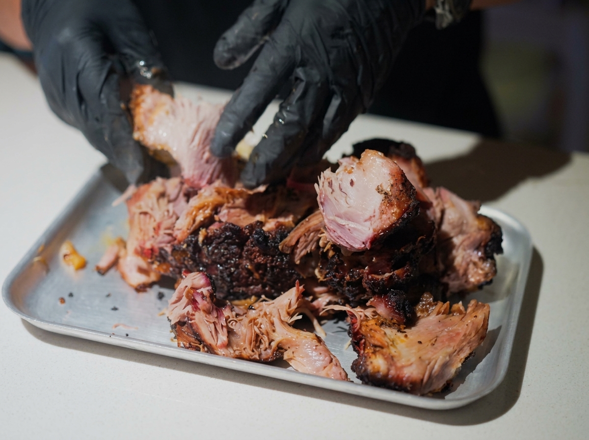 Hände in Handschuhen zupfen eine zarte Schweineschulter auf einem Backblech auseinander.