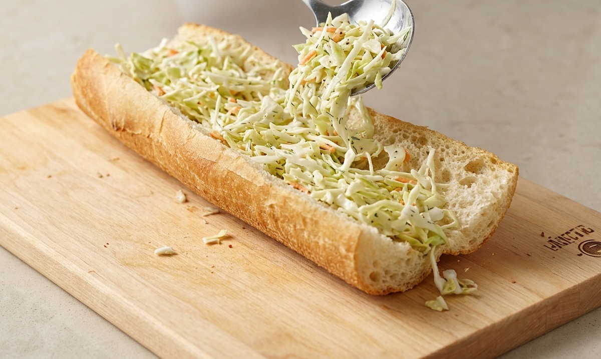 Eine Person verteilt cremigen Krautsalat mit einem Löffel in einem aufgeschnittenen Sandwich-Brötchen.
