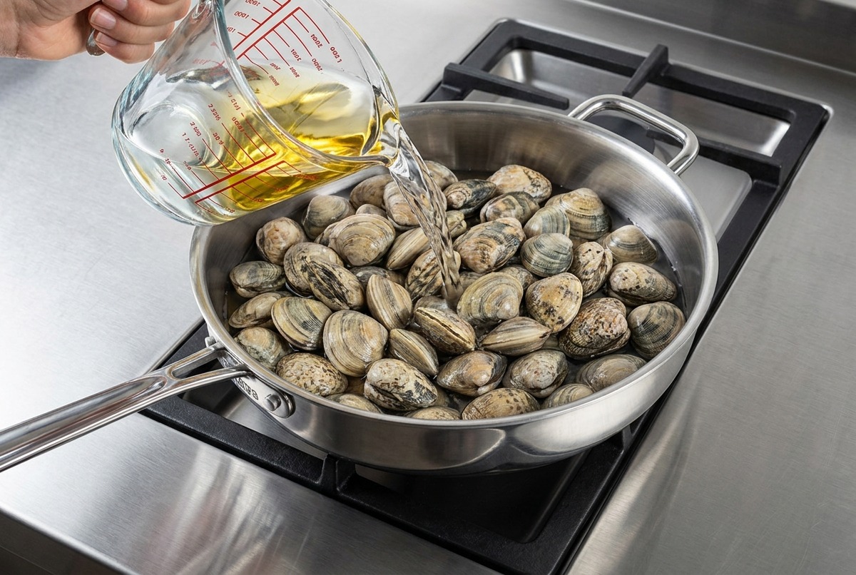 Wasser wird aus einem Messbecher über frische Muscheln in eine Edelstahlpfanne gegossen.