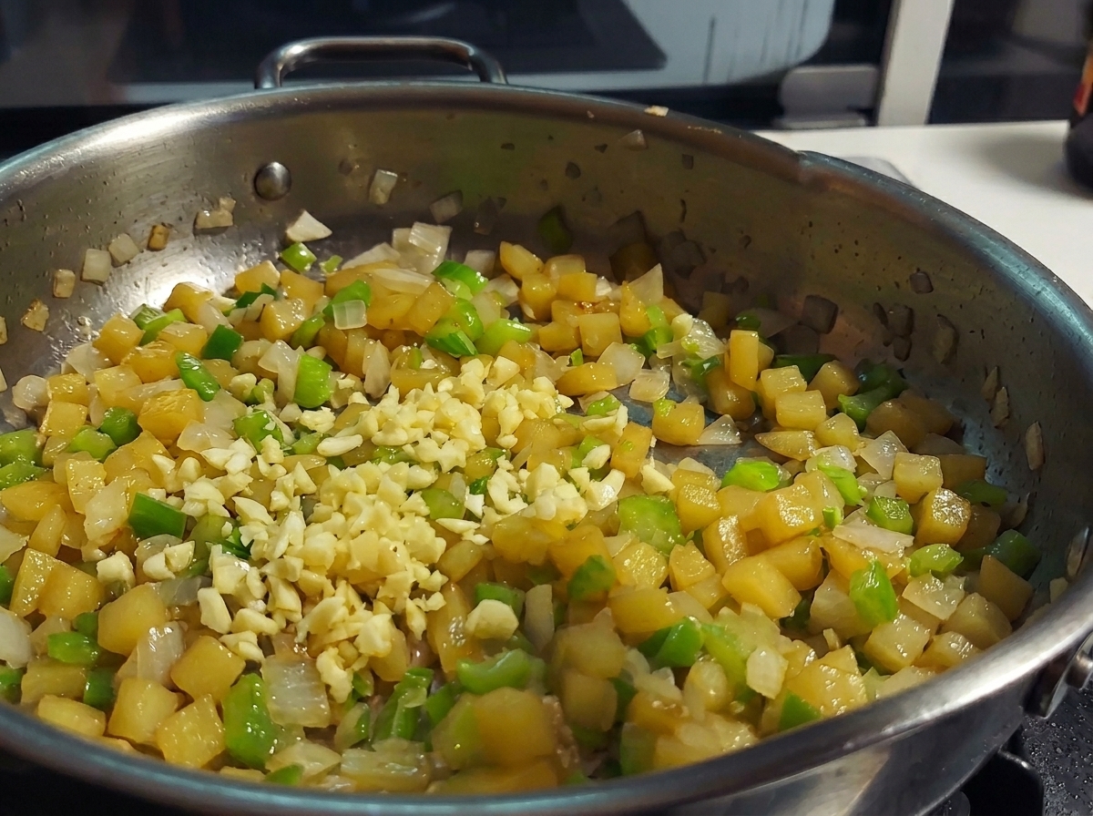 Gehackter Knoblauch wird zum gedünsteten Gemüse in der Pfanne gegeben.