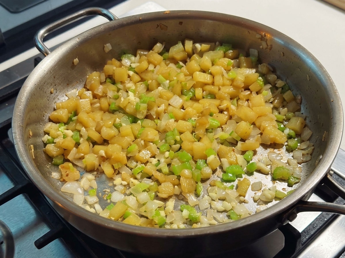 Butter und Mehl werden unter das Gemüse in der Pfanne gerührt.