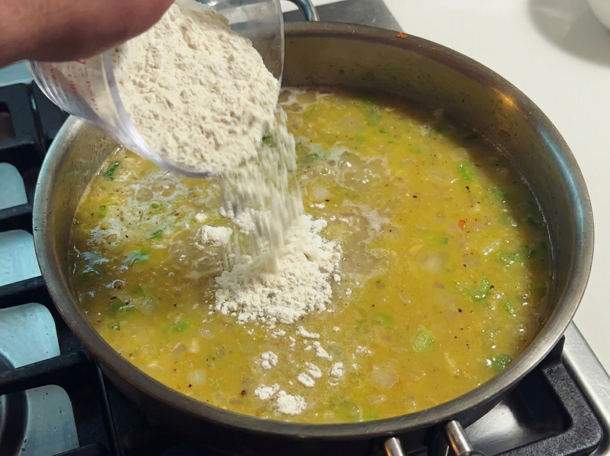 Ein Holzlöffel rührt die dicker werdende Suppe in der Pfanne um.
