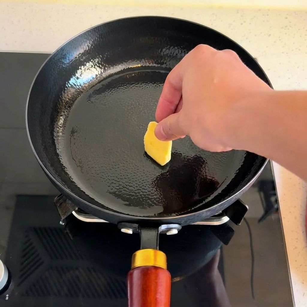 Eine Hand gibt ein Stück gelbe Butter in eine erhitzte schwarze Pfanne.