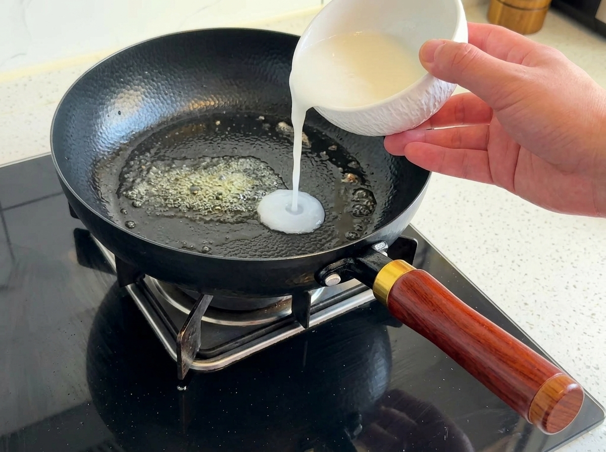 Die weiße Mehl-Wasser-Mischung wird in die Pfanne mit der geschmolzenen Butter gegossen.