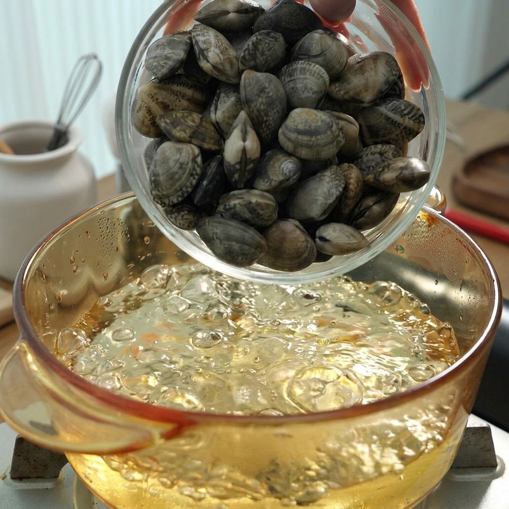 Frische Muscheln werden aus einer Schüssel in einen Topf mit kochendem Wasser gegeben.