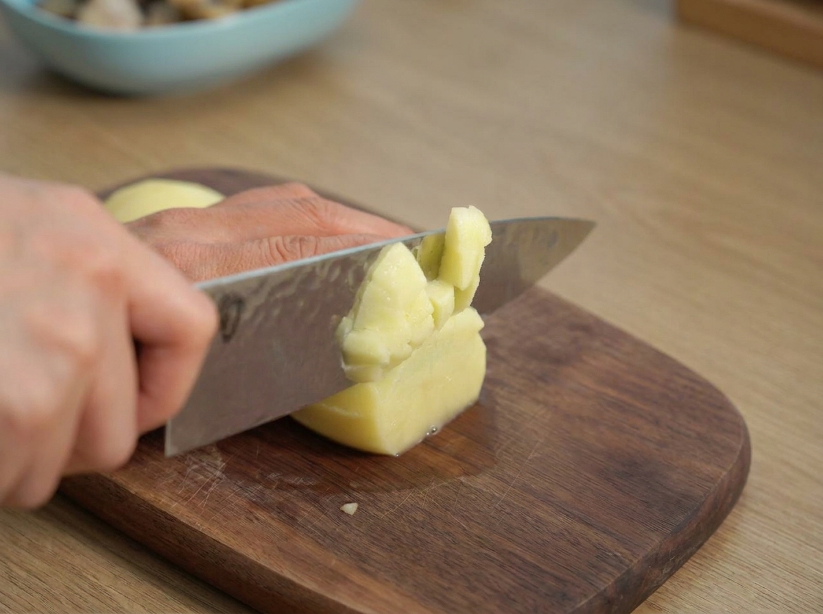 Hände würfeln eine geschälte gelbe Kartoffel in kleine, gleichmäßige Stücke auf einem Holzbrett.