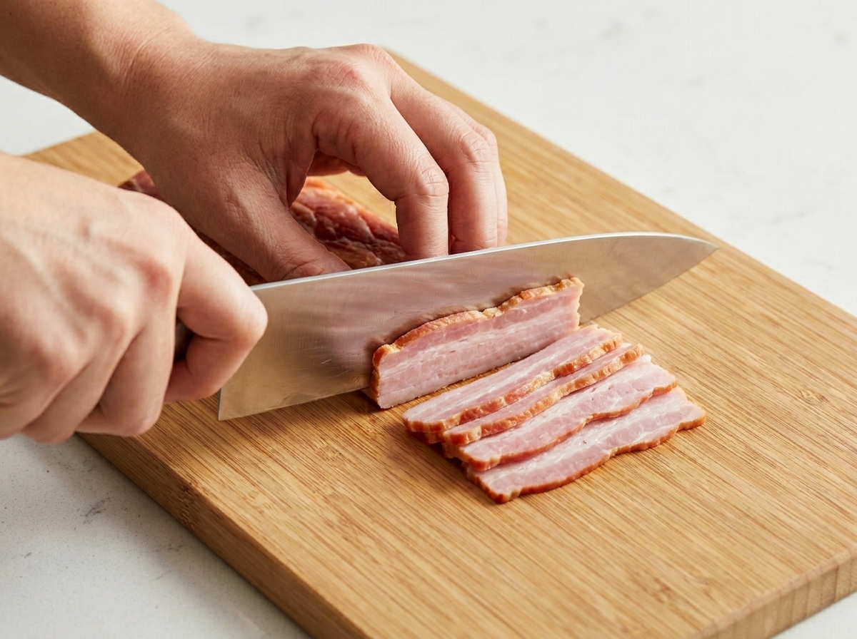 Hände schneiden einen Stapel rohen Speck in kleine Streifen auf einem Holzbrett.