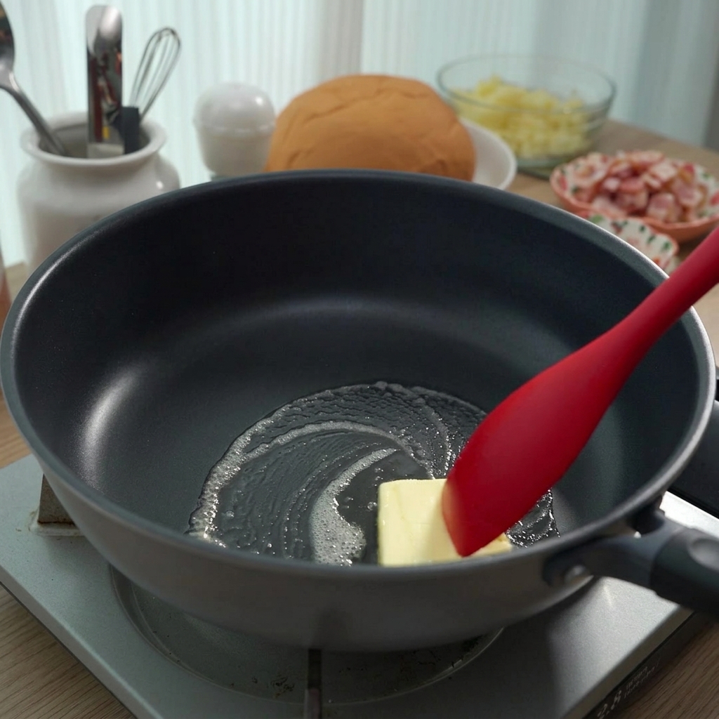 Ein Stück Butter schmilzt in einer schwarzen Pfanne und wird mit einem roten Teigschaber gerührt.