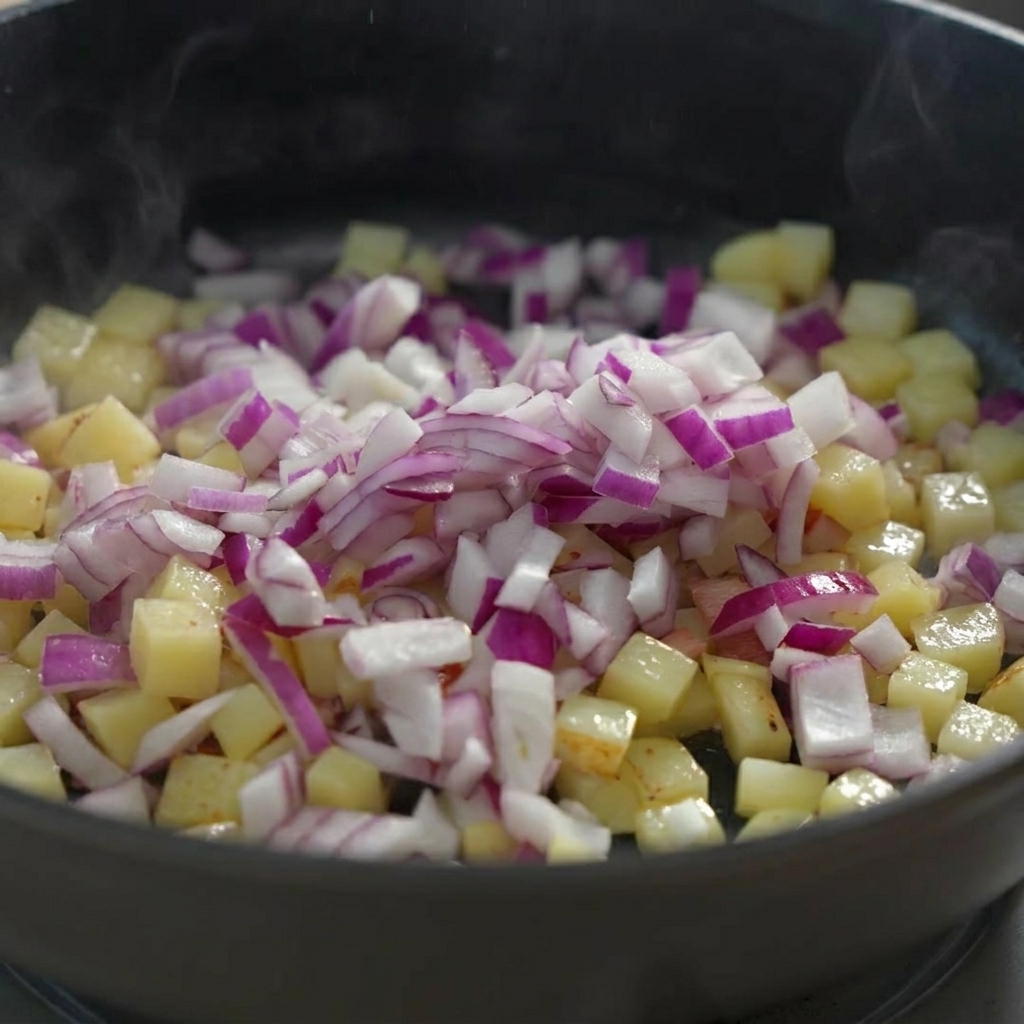 Frisch gewürfelte rote Zwiebeln werden in die heiße Pfanne zu den Speckkartoffeln gegeben.
