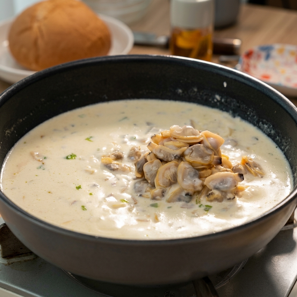 Eine Portion gekochtes Muschelfleisch liegt in der Mitte der cremigen, köchelnden Suppe.