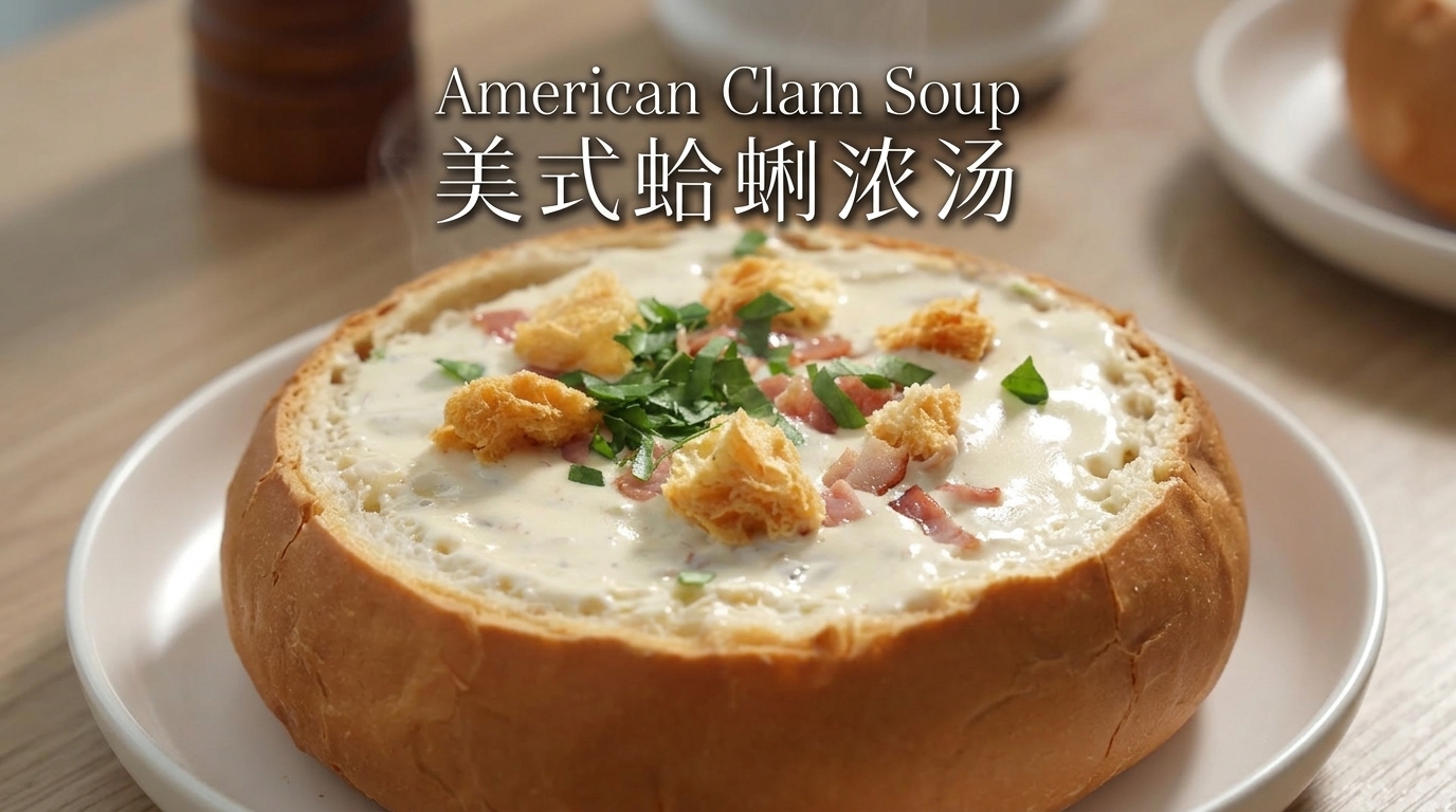 Klassische amerikanische Clam Chowder im Brotleib