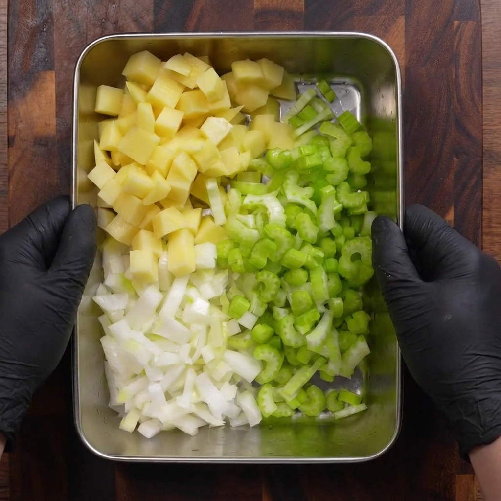 Ein Metallblech mit ordentlich sortierten Stapeln aus gewürfelten Kartoffeln, Sellerie und Zwiebeln.