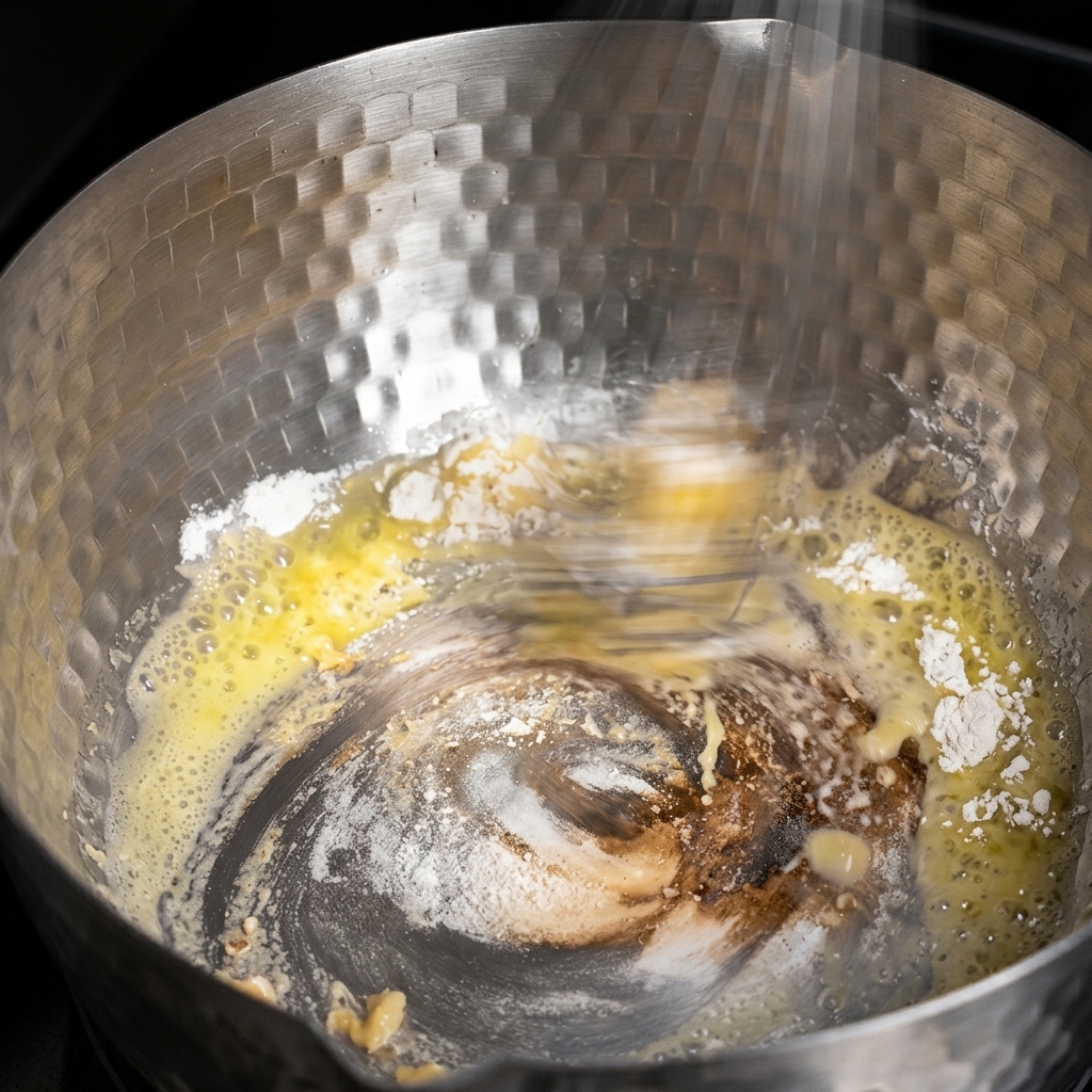 Mehl und geschmolzene Butter werden in einem Metalltopf schnell mit einem Schneebesen zu einer dicken Paste verrührt.