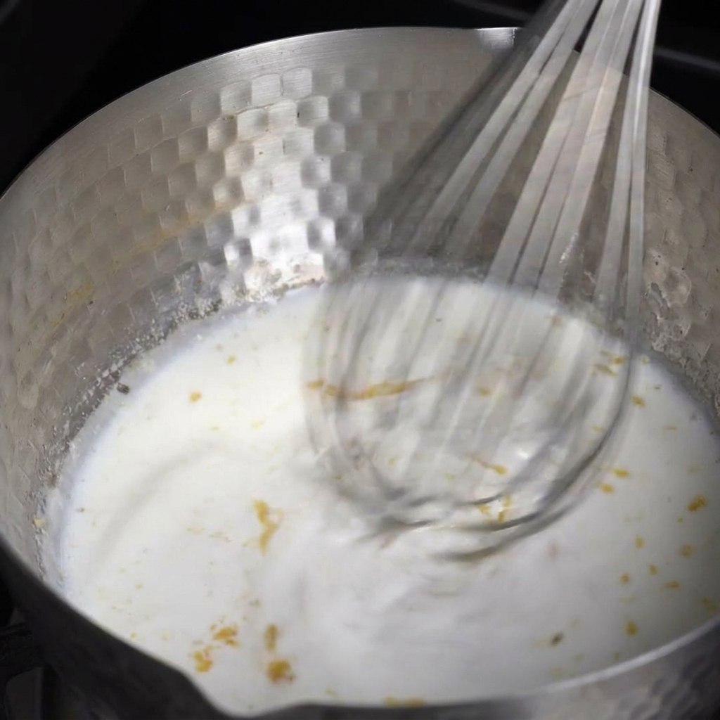 Ein Schneebesen rührt kräftig eine cremige weiße Sauce in einem strukturierten Metalltopf um.