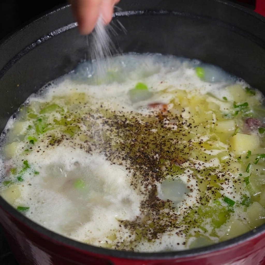 Eine Hand streut Salz in einen Topf mit blubbernder Suppe, schwarzem Pfeffer und gewürfeltem Gemüse.
