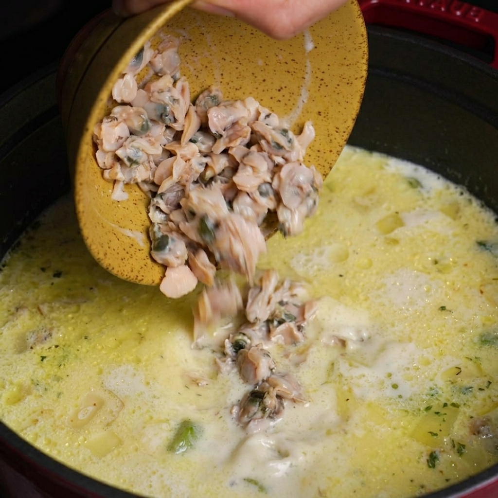 Eine Person schüttet eine Schüssel mit grob gehacktem Muschelfleisch in einen Topf mit köchelndem, cremigem Chowder.