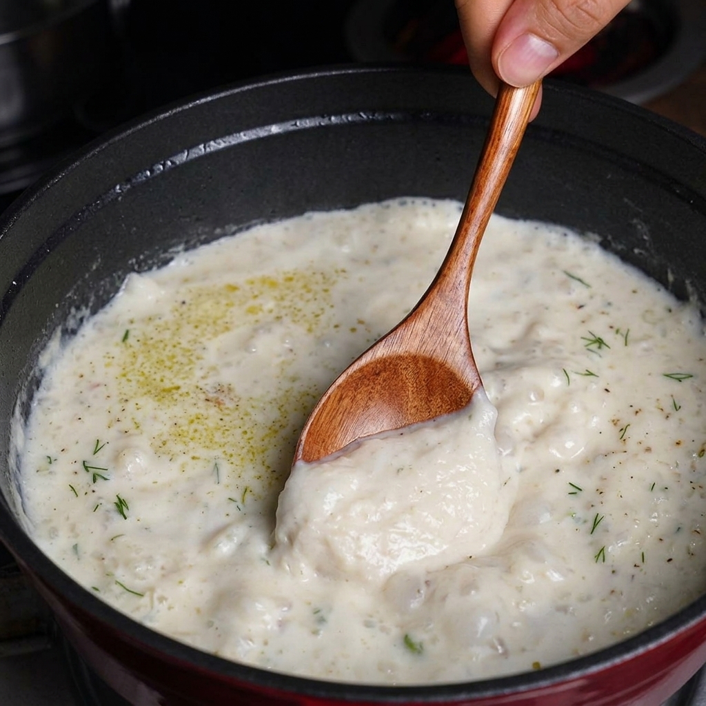 Ein Holzlöffel rührt in einer dicken, cremigen Clam Chowder, die mit frischem grünen Dill bestreut ist, in einem dunklen Topf.