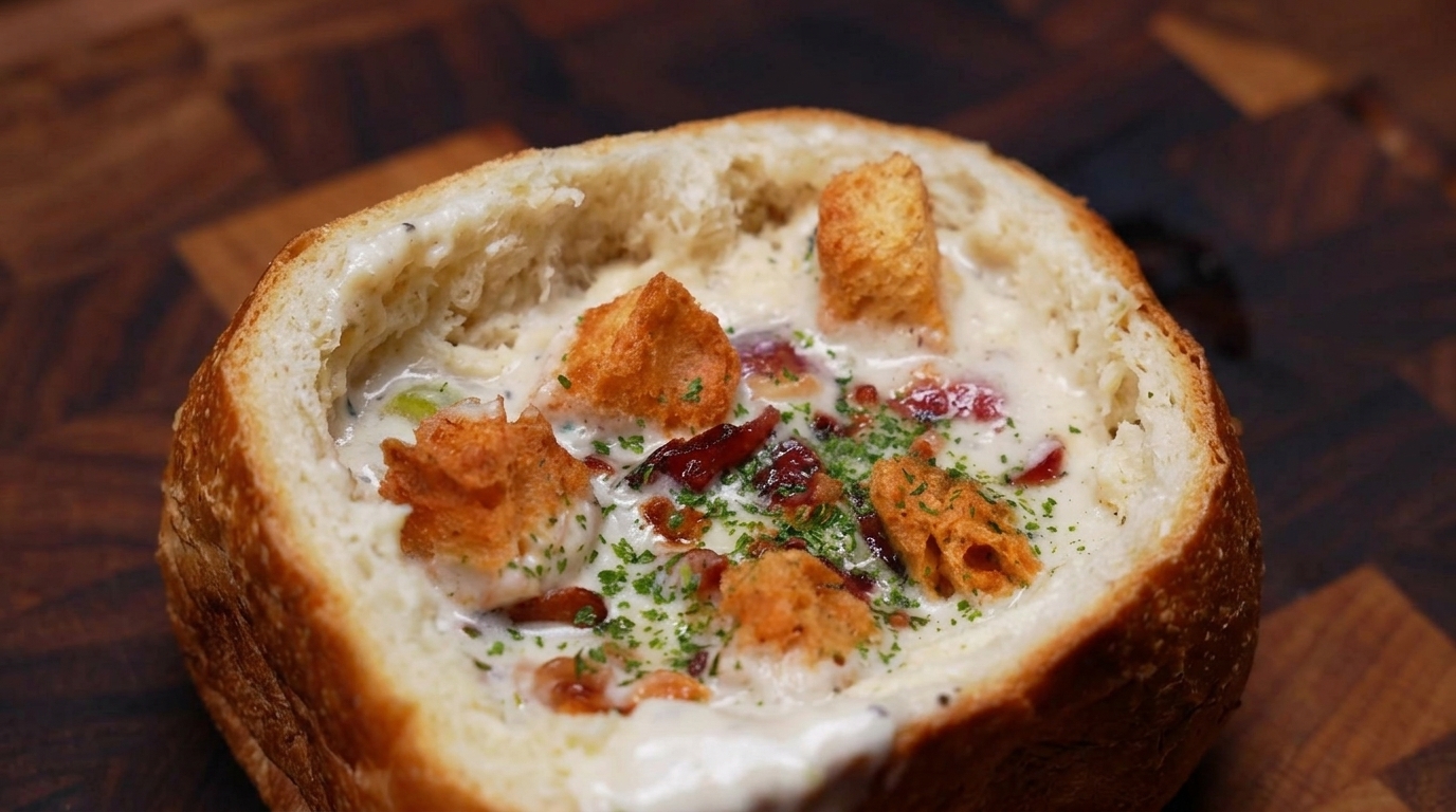 Amerikanische Clam Chowder im hausgebackenen Brotlaib