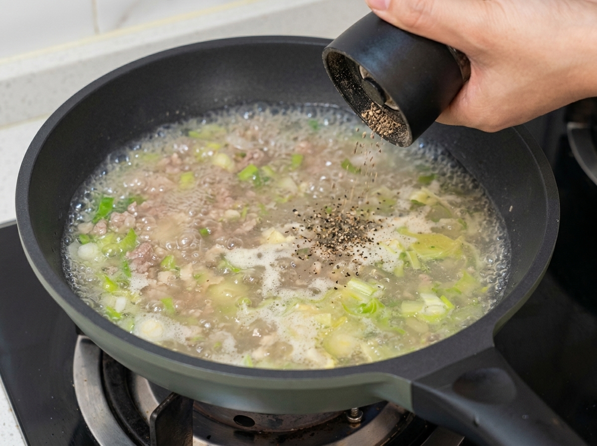 Frischer schwarzer Pfeffer wird aus einer Mühle über die köchelnde Suppe gemahlen.