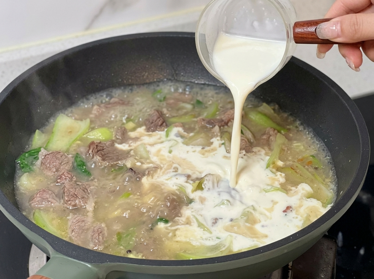 Restliche Milch-Sahne-Mischung wird in die köchelnde Pfanne gegossen.