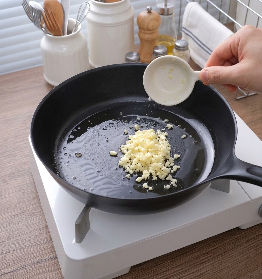 Fein gehackter Knoblauch wird aus einer kleinen Tasse in die Pfanne mit geschmolzener Butter gegeben.