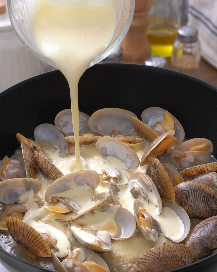Flüssige Schlagsahne wird aus einem Messbecher zu den offenen Muscheln in die Pfanne gegossen.