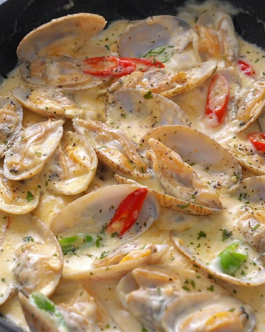 Die Pfanne mit den cremigen Muscheln wird mit frisch gehackter Petersilie bestreut.