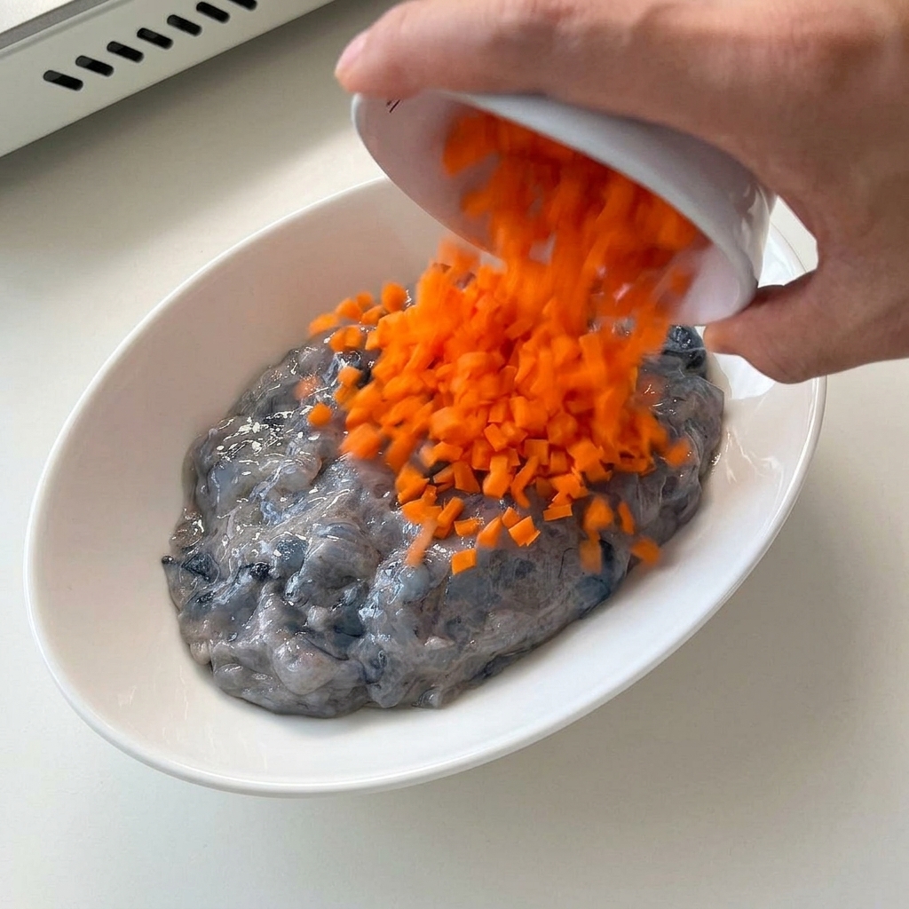 Fein gewürfelte Karotten werden aus einer kleinen Schüssel zu der grauen Garnelenpaste gegeben.