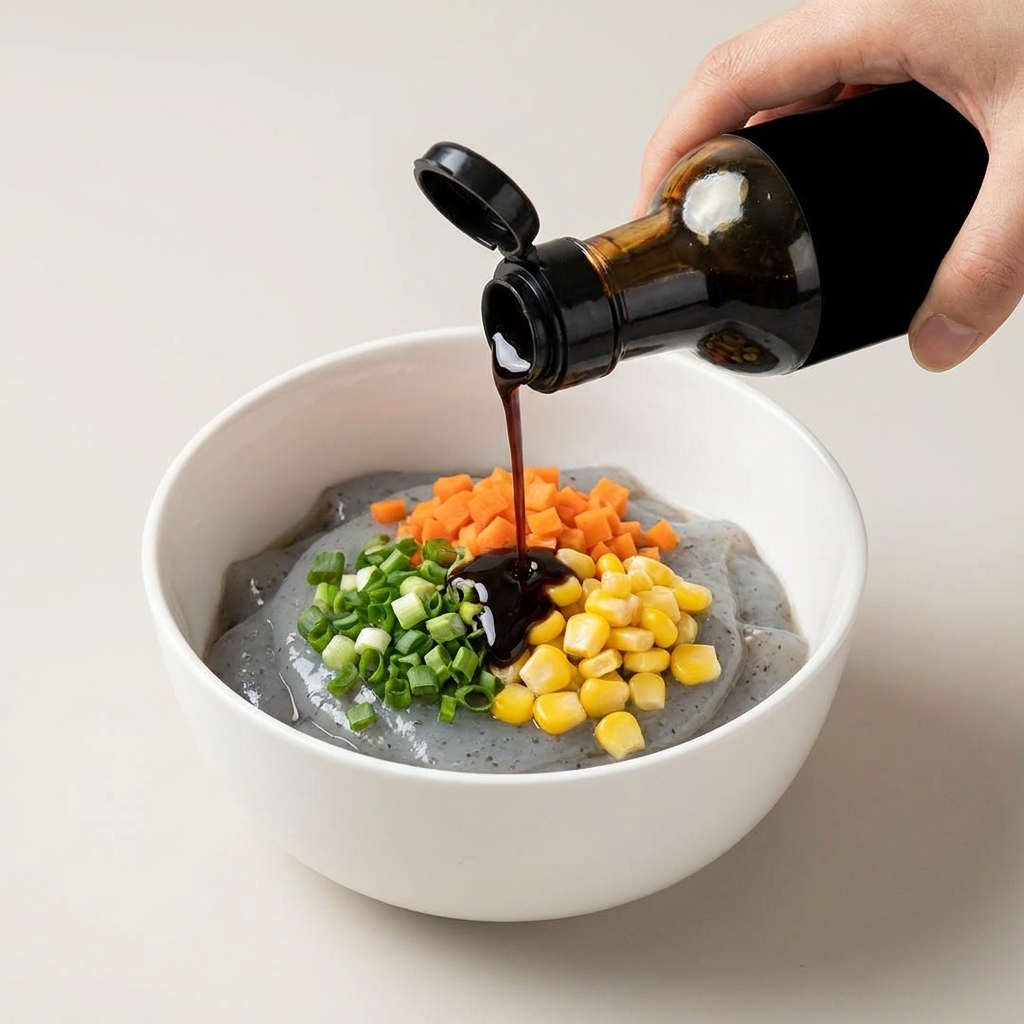 Dunkle Würzsauce wird direkt aus der Flasche über die Garnelen-Gemüse-Mischung gegossen.