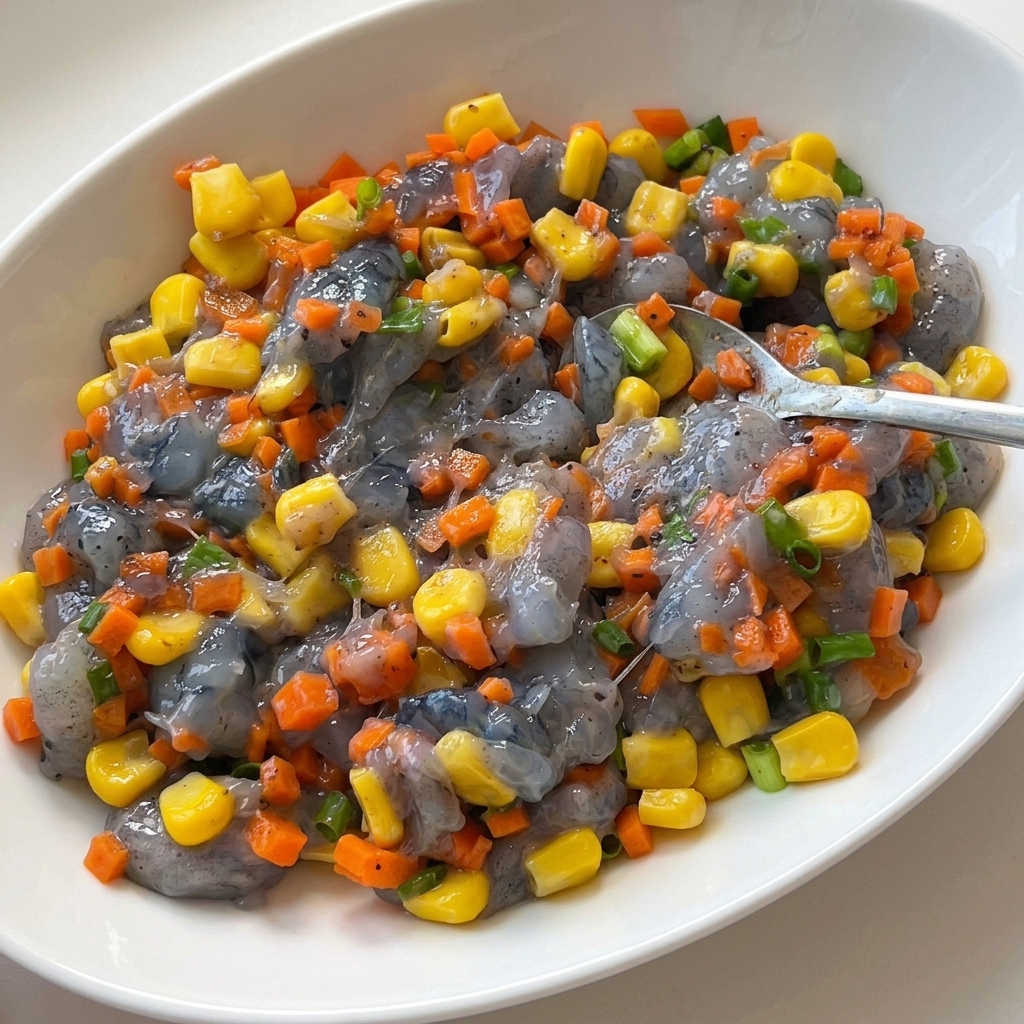 Rohe Garnelenpaste vermischt mit gelbem Mais, orangen Karotten und grünen Frühlingszwiebeln in einer Schüssel.