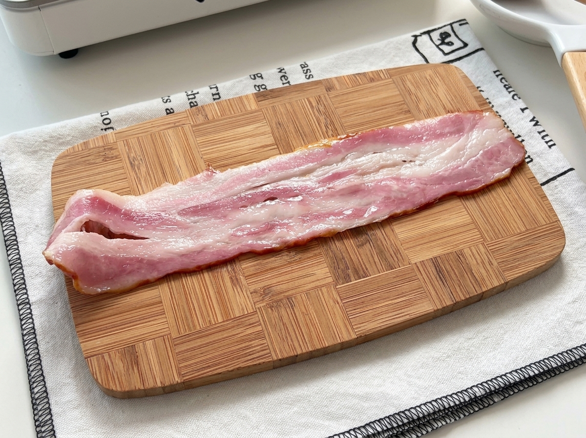 Ein Streifen roher Speck liegt flach ausgebreitet auf einem Holzbrett.