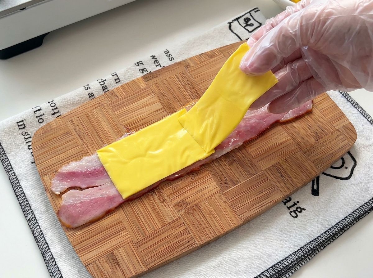 Eine Hand platziert eine Scheibe gelben Käse mittig auf einen Speckstreifen auf einem Bambusbrett.