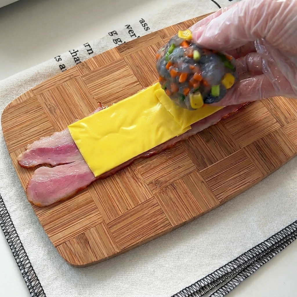 Eine Hand setzt eine Portion der Garnelenmischung auf den Käse und den Speckstreifen.