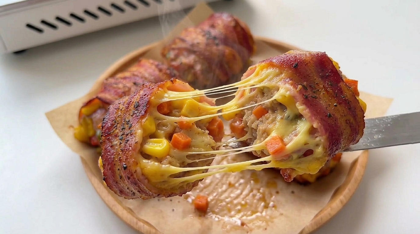 Herzhafte Garnelen-Rollen mit Käse im Speckmantel