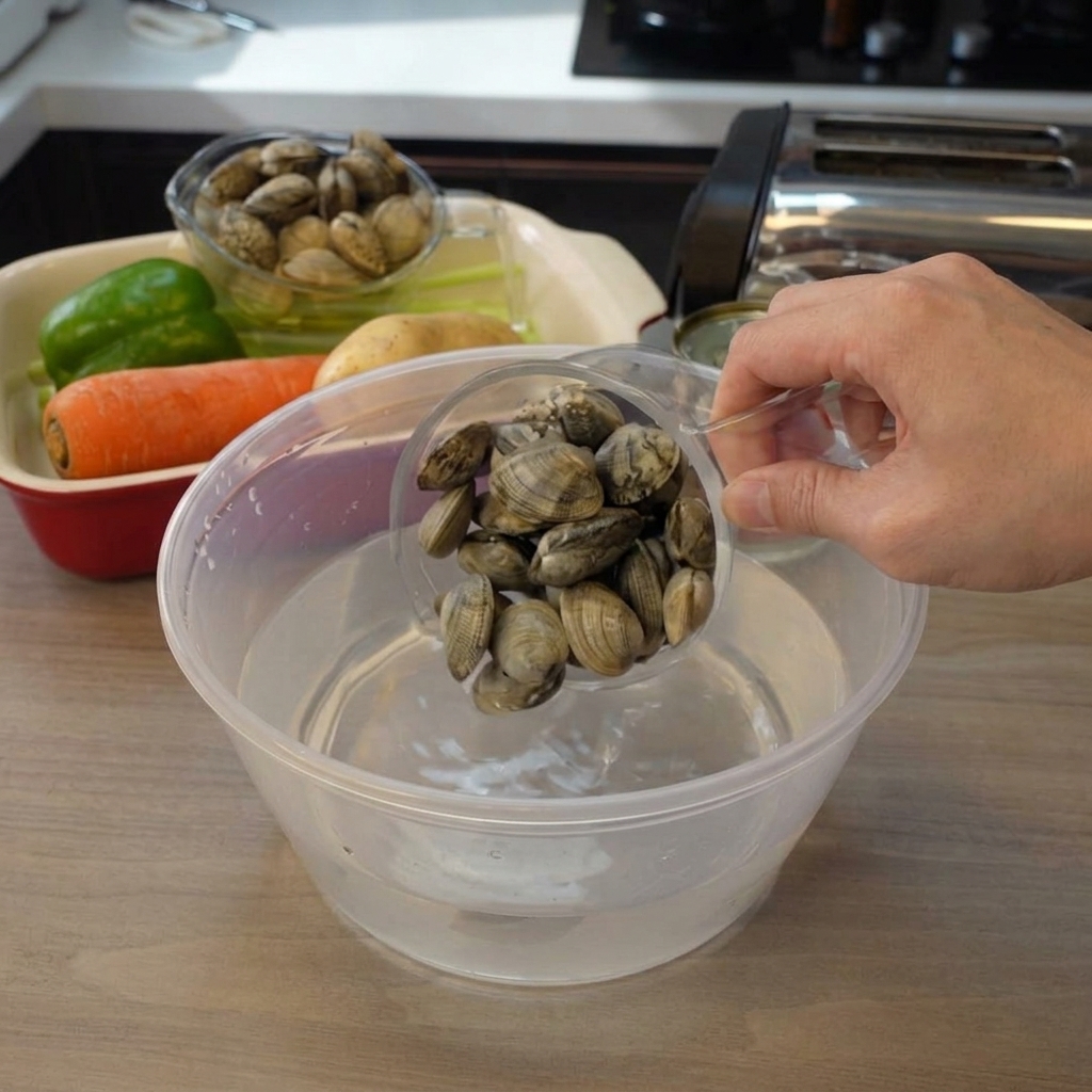Rohe Muscheln werden aus einem Becher in eine Schüssel mit klarem Wasser zum Einweichen gegeben.