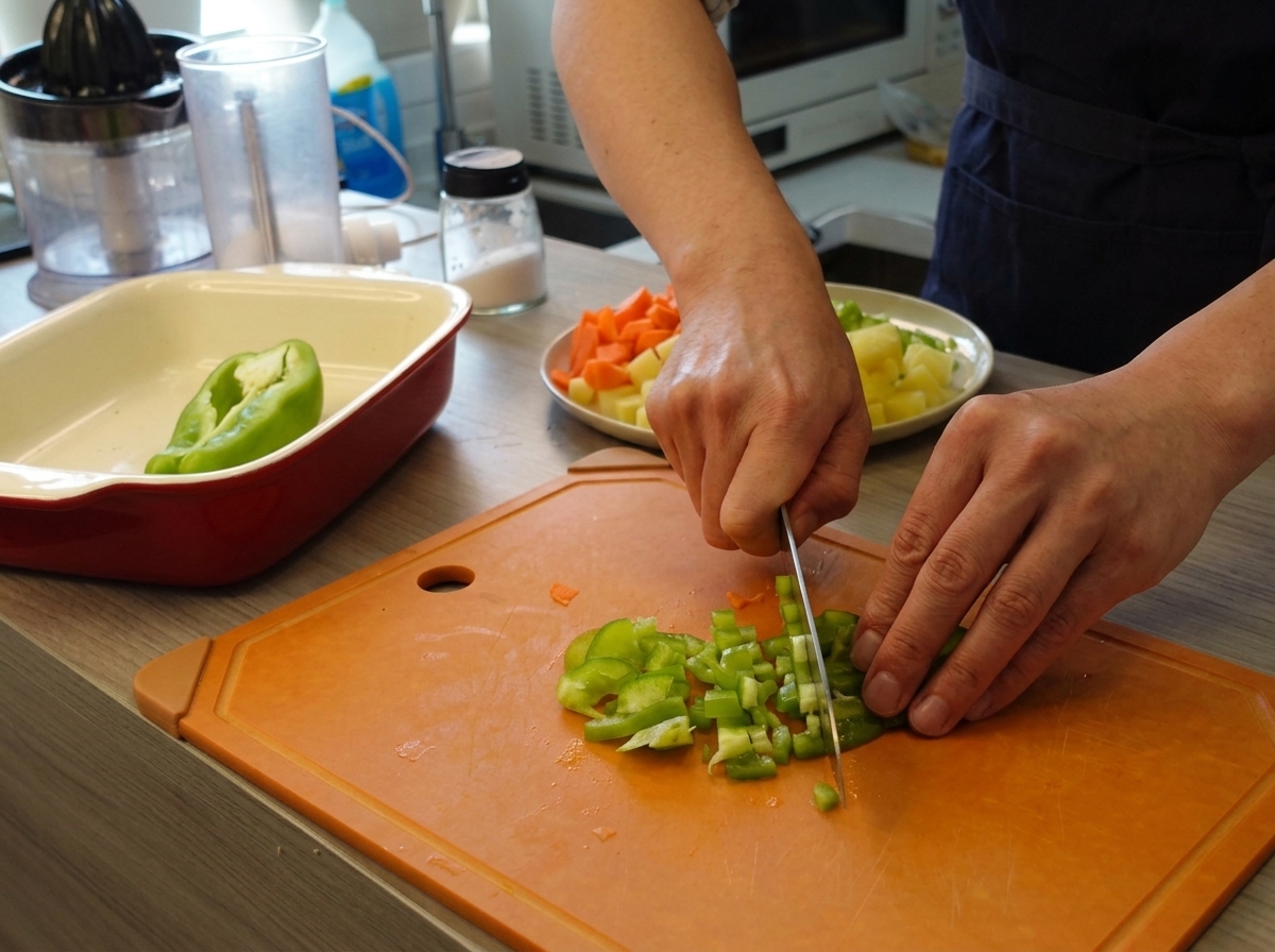 Hände schneiden eine grüne Paprika in kleine Stücke auf einem orangefarbenen Schneidebrett.