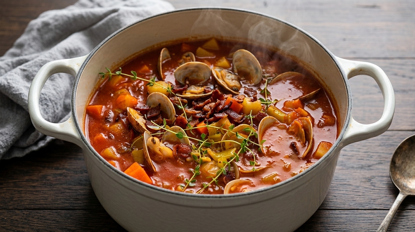 Ein dampfender Topf Manhattan Clam Chowder, garniert mit offenen Venusmuscheln, knusprigen Speckwürfeln und frischem Thymian.